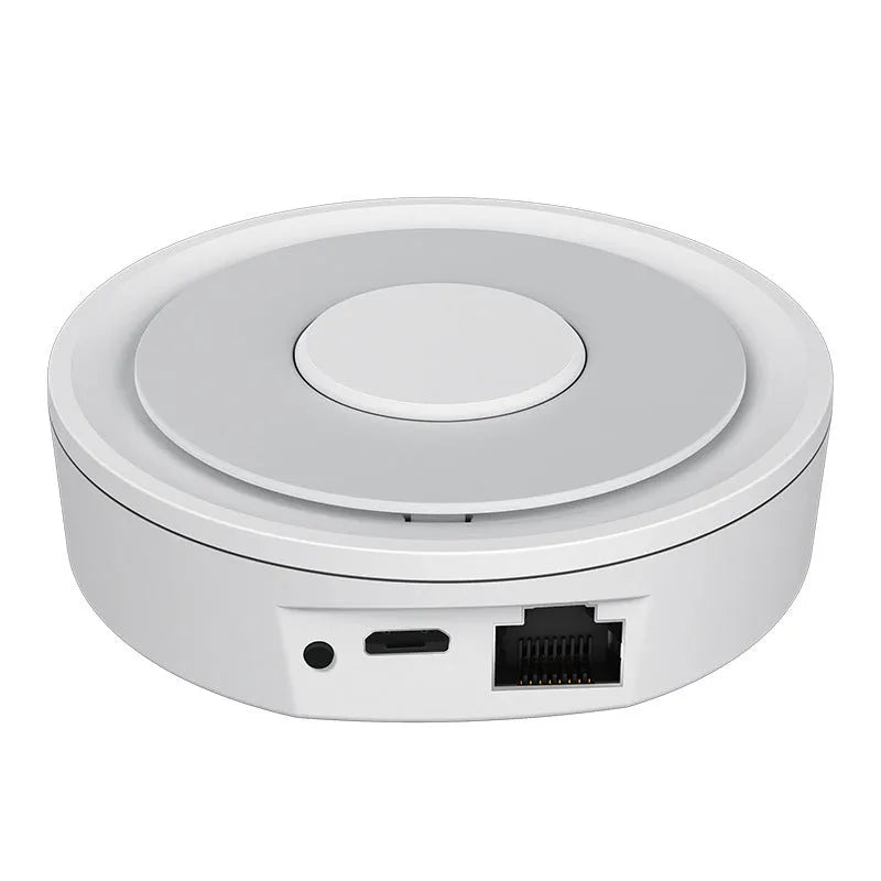 White ZigBee smart home gateway measuring 78mm square with wireless connectivity for home automation