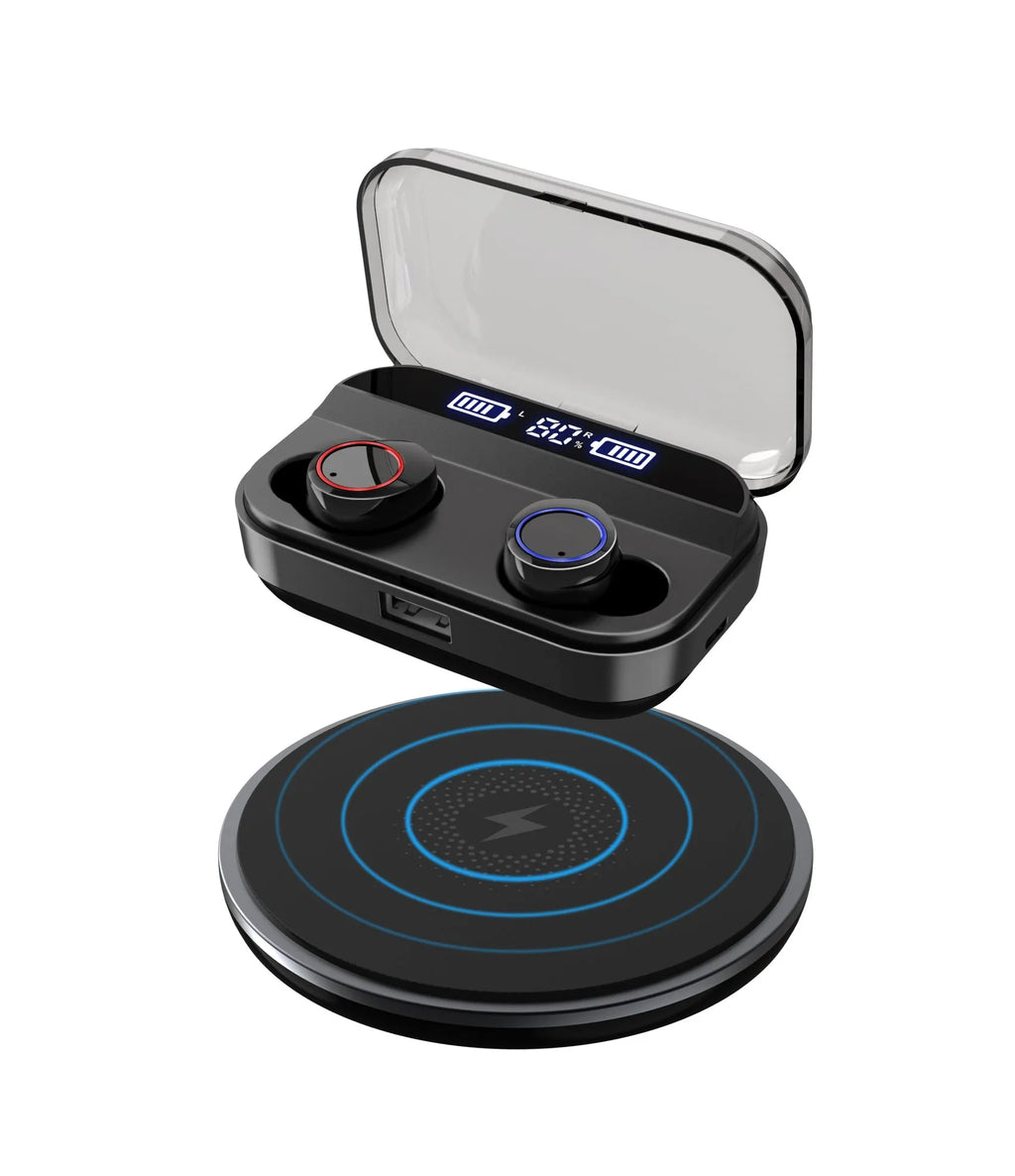 Black X11 Bluetooth wireless earbuds and charging case on a white background
