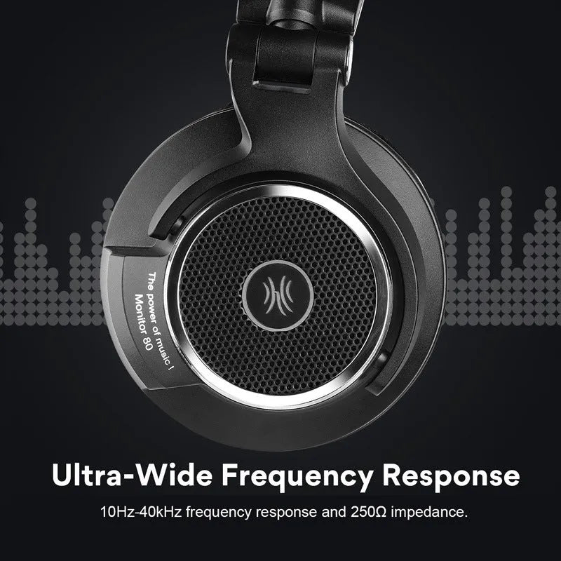 Wired noise reduction monitor headset with 40mm driver and dual 3.5mm/6.5mm plugs on black background