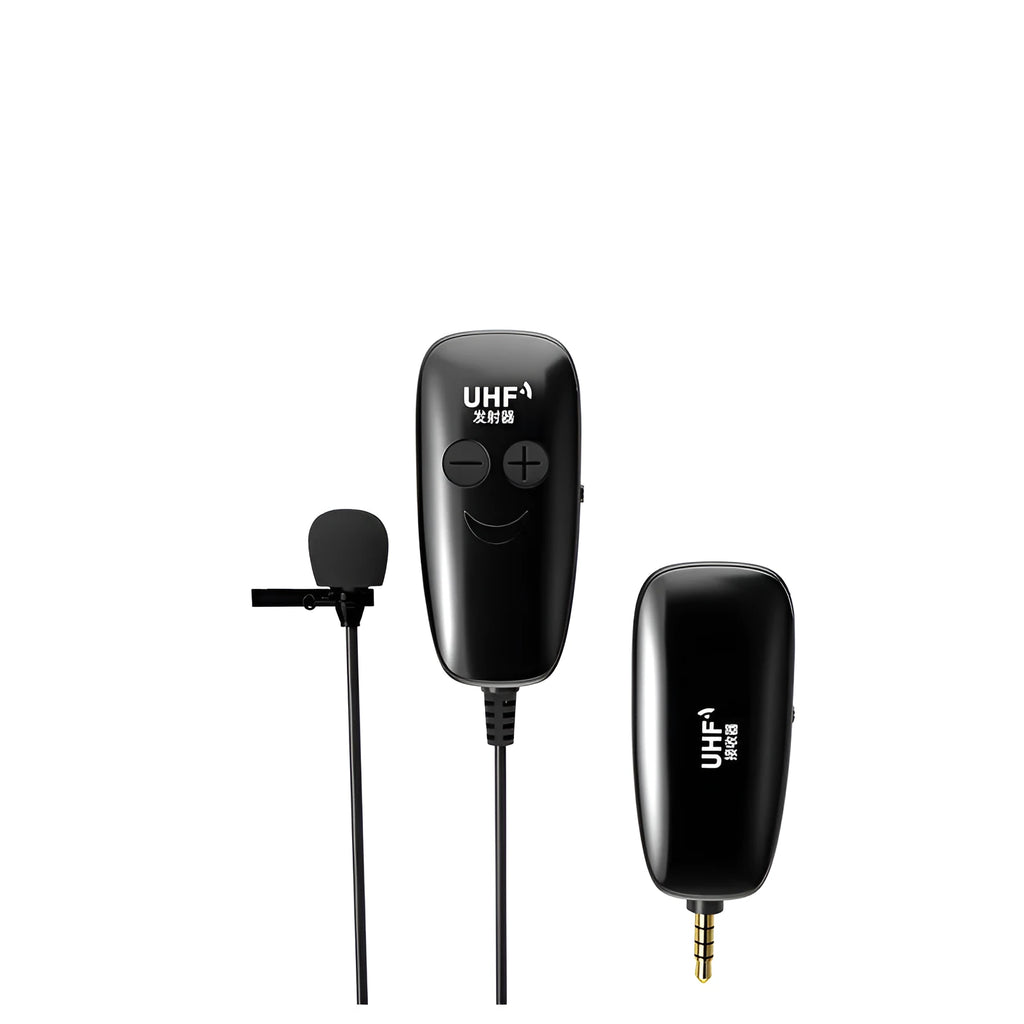 Black lavalier microphone with 3.5mm plug for mobile phones on a plain background.