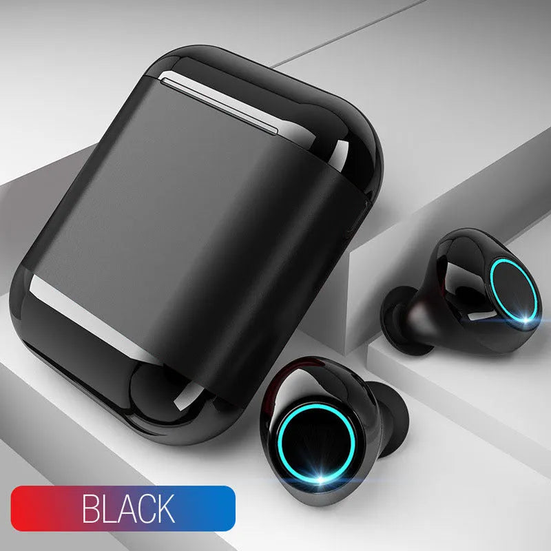 Black, gold, and light grey TWS Bluetooth wireless earbuds with a charging case.