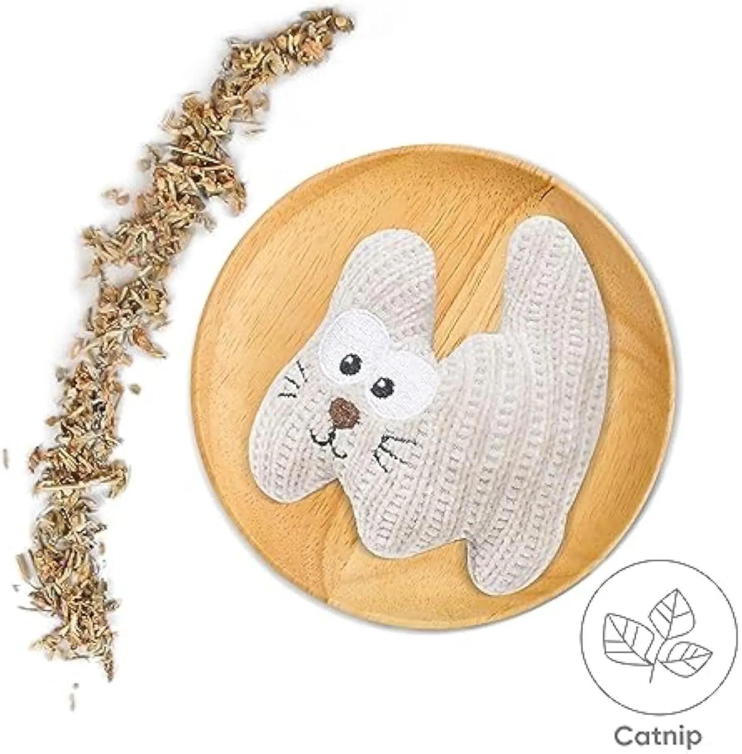 Cyan plush rope catnip toy with bell for cats, showing knitted fabric texture and measuring 12 cm by 11 cm