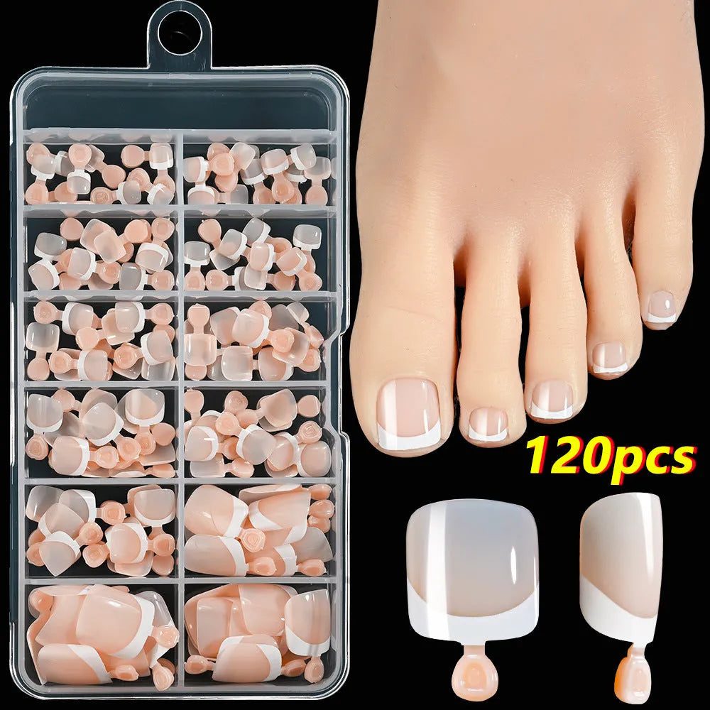 Box of 120 French tip artificial toenails in full square short shape with nine nude colour options