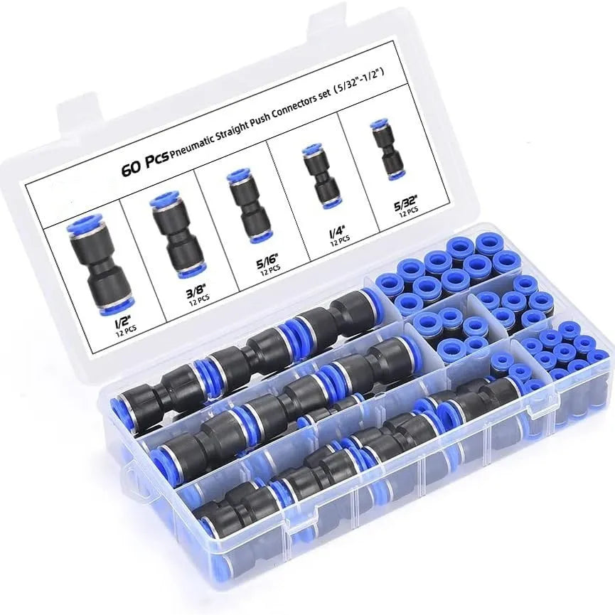 60-piece pneumatic push-in connector set showing R1/4 and R1/2 fittings in alloy plastic construction