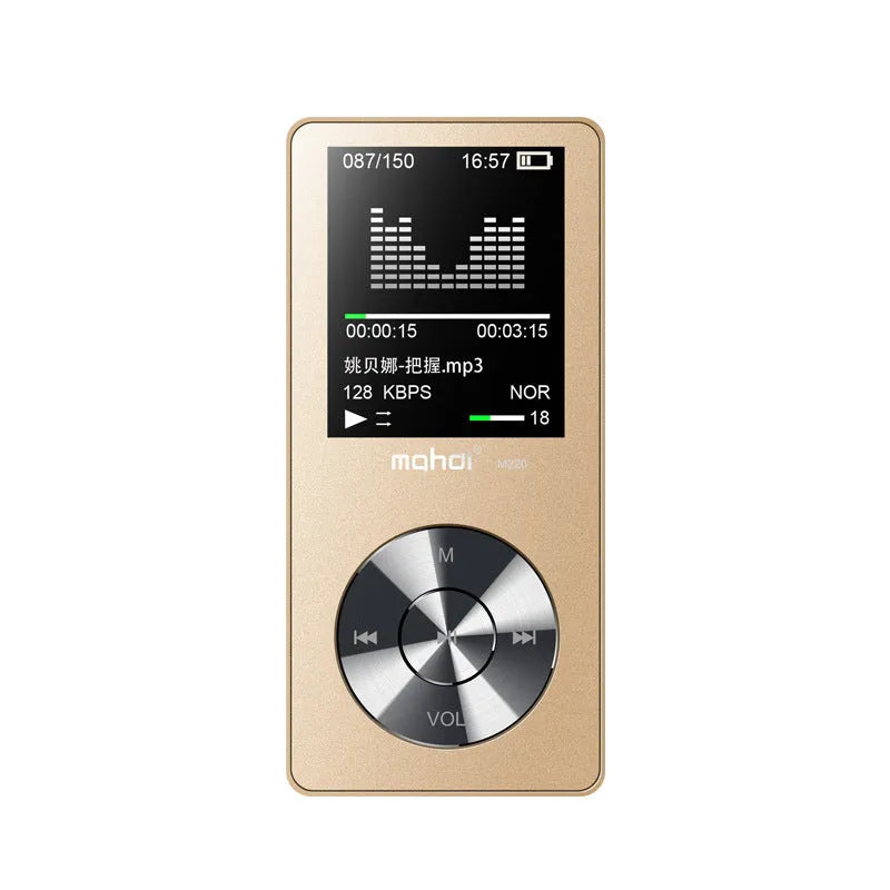 Gold, silver, and black all-metal MP3 player with 1.8-inch screen showing music menu.