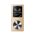 Gold, silver, and black all-metal MP3 player with 1.8-inch screen showing music menu.