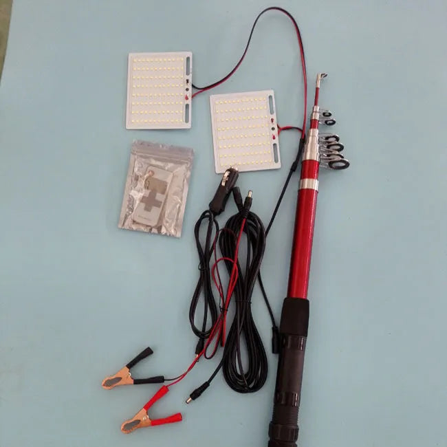 White LED fishing rod light unit on a tall telescopic pole with a remote control, for outdoor night use.