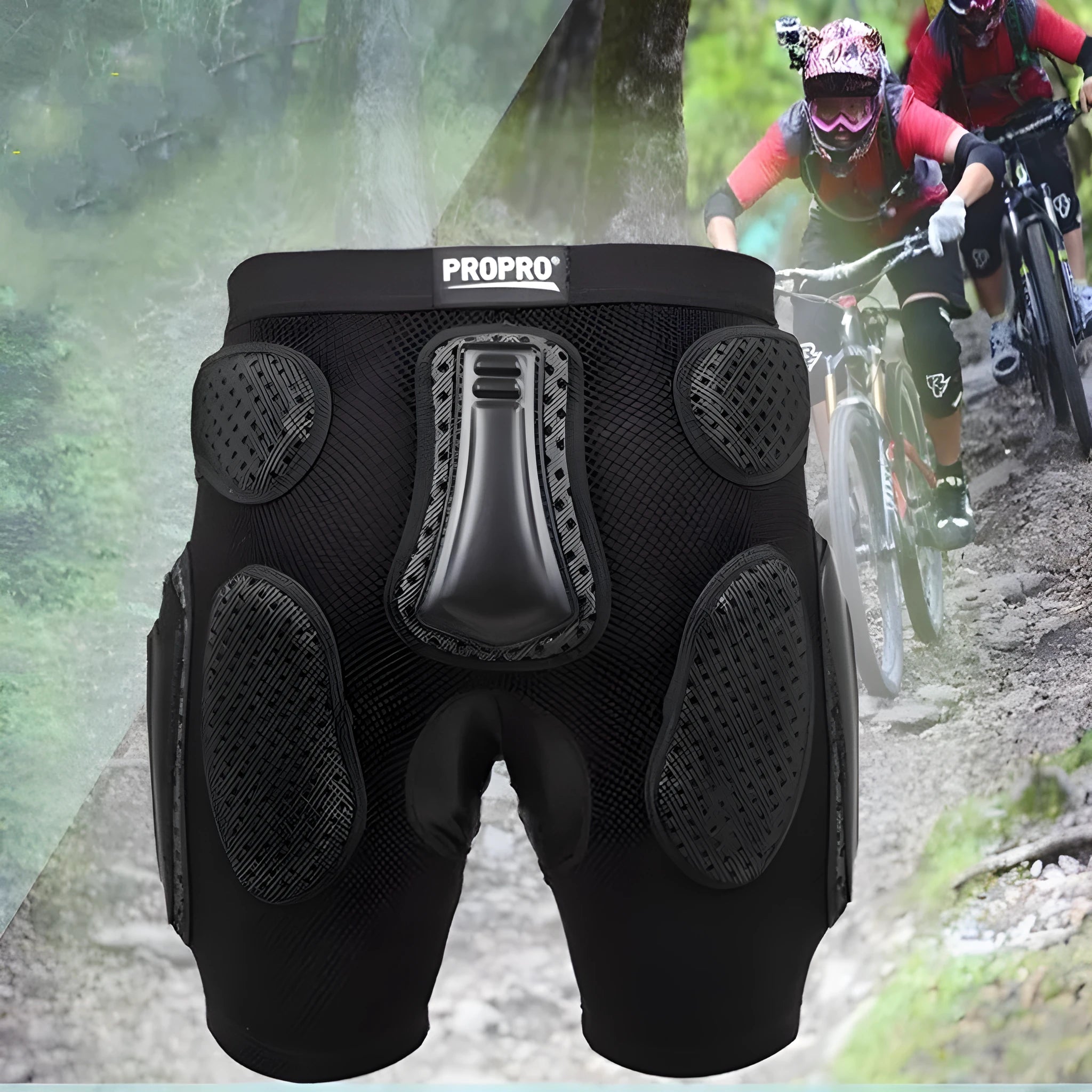 Black cycling hip pad protection pants with gel padding for sports safety