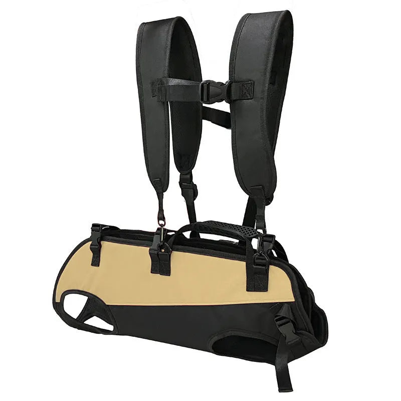 Soft Oxford cloth pet backpack and airborne stretcher carrier in black with blue trim