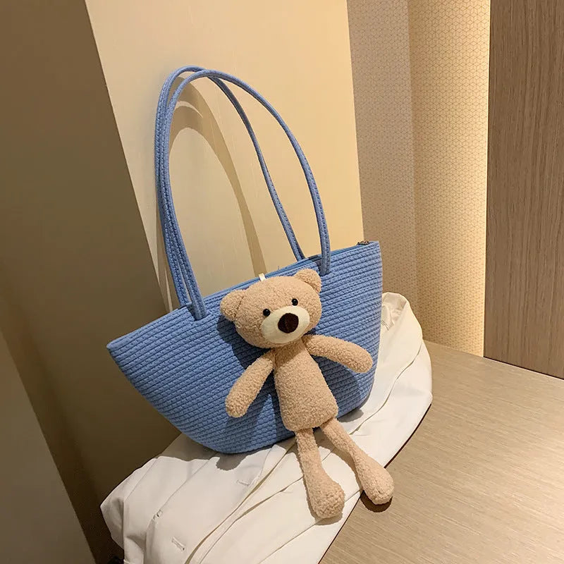 Woven cotton linen dumpling-shaped bag with three-dimensional pocket and double shoulder straps
