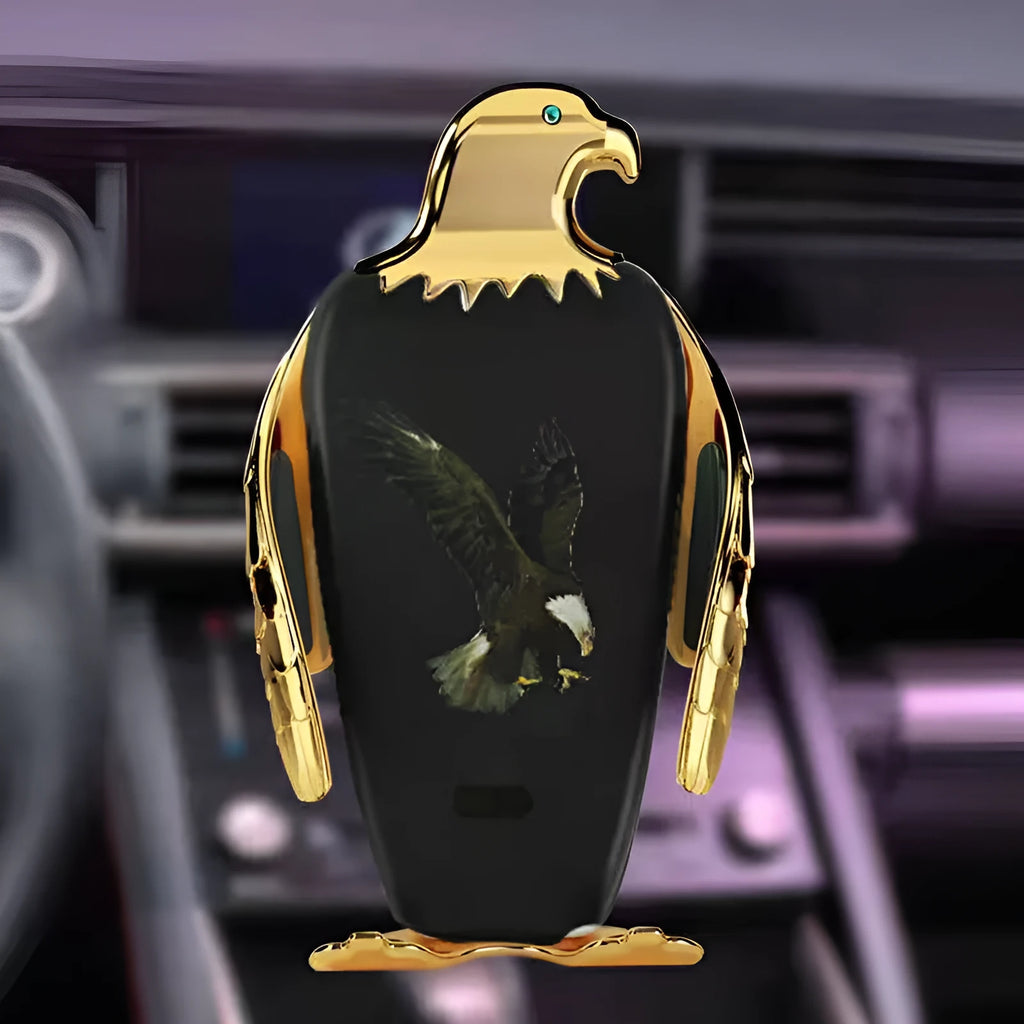Wireless charging car phone holder with suction cup base in black and gold colour combination