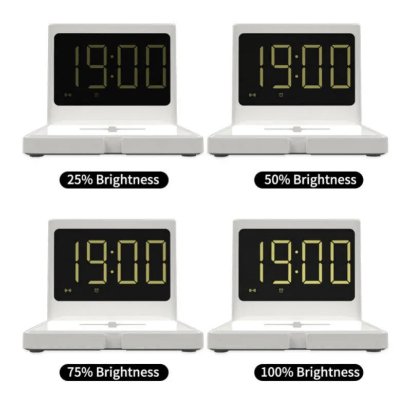 Clock-style wireless fast charger in black with dual USB outputs and Type-C interface, 115 x 107 x 91 mm
