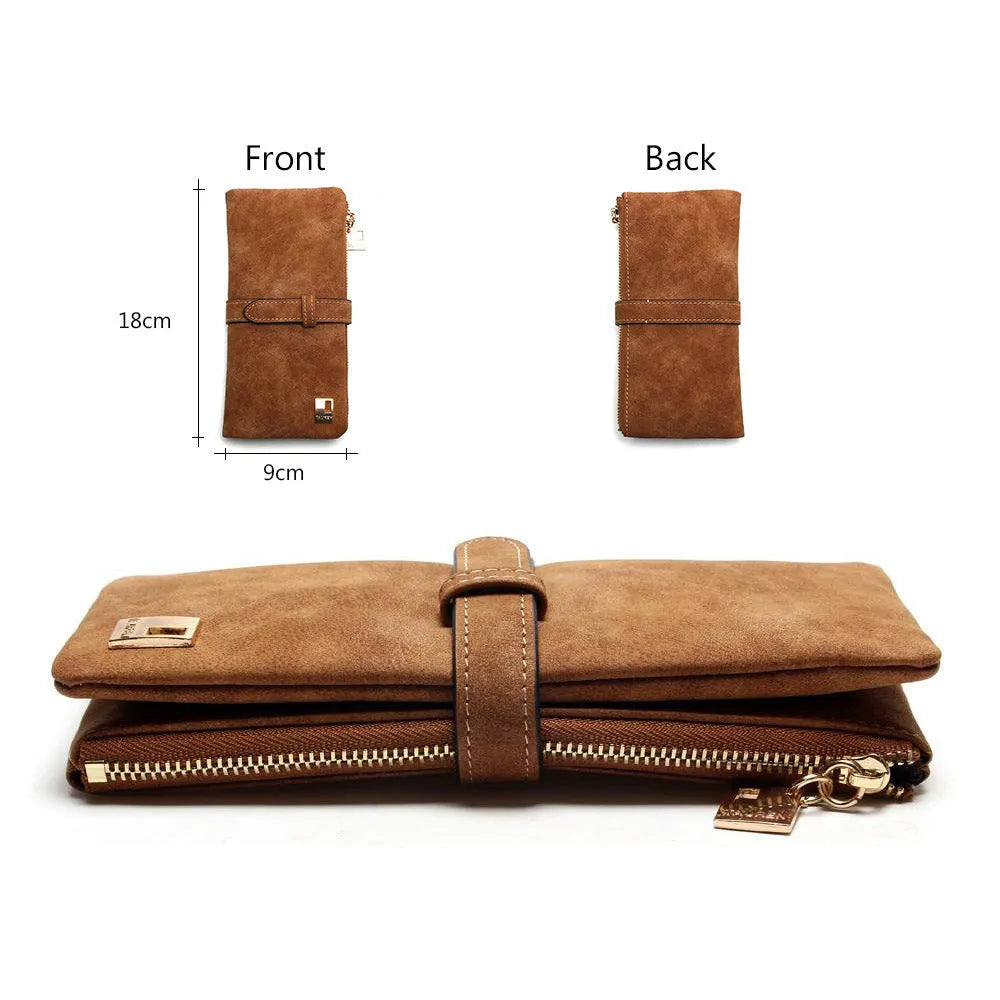 Women's long vertical zip wallet in retro matte PU leather, shown in an open two-fold view revealing internal card slots and compartments.