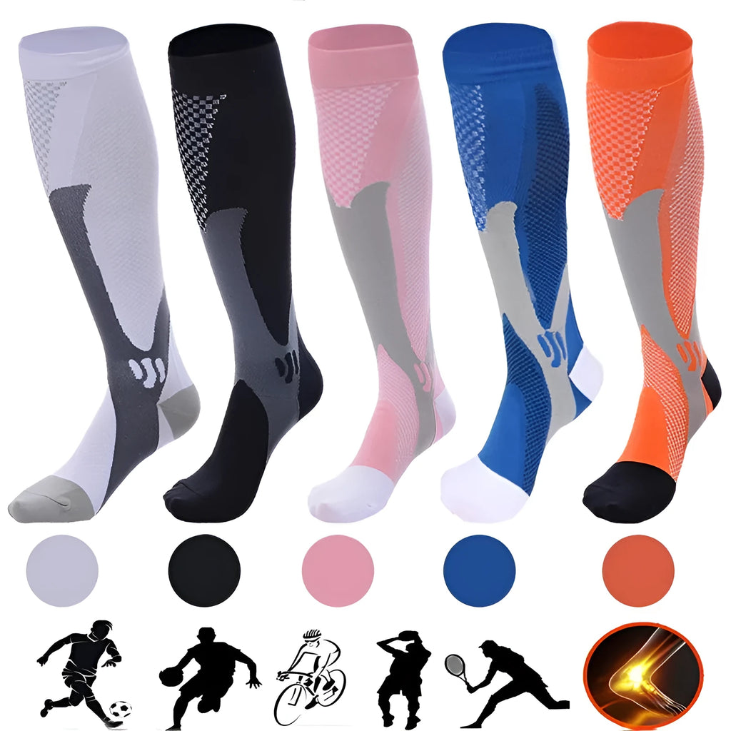 Black graduated compression socks for men and women, shown laid flat.