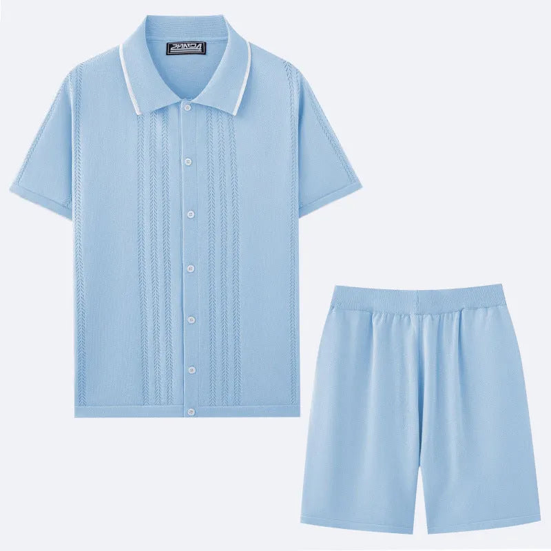 Men's khaki Tencel viscose business casual set with short sleeve top and matching shorts