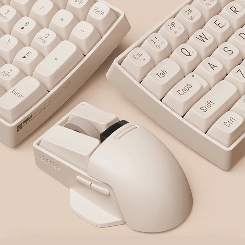 Tofu coloured wireless computer mouse with programmable buttons and scroll wheel on plain background