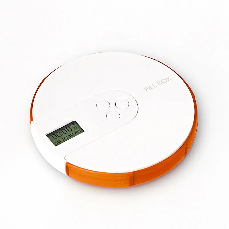 Seven-compartment alarm clock pill dispenser with display, slim 2 cm profile, shown in blue colour option