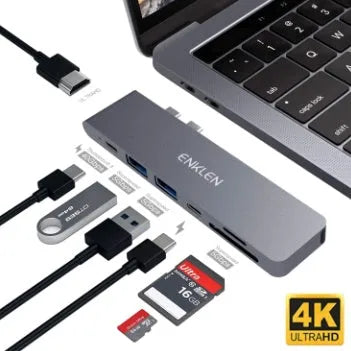 Silver USB-C to multi-port adapter hub with SD card slot, HDMI, USB ports, and PD charging