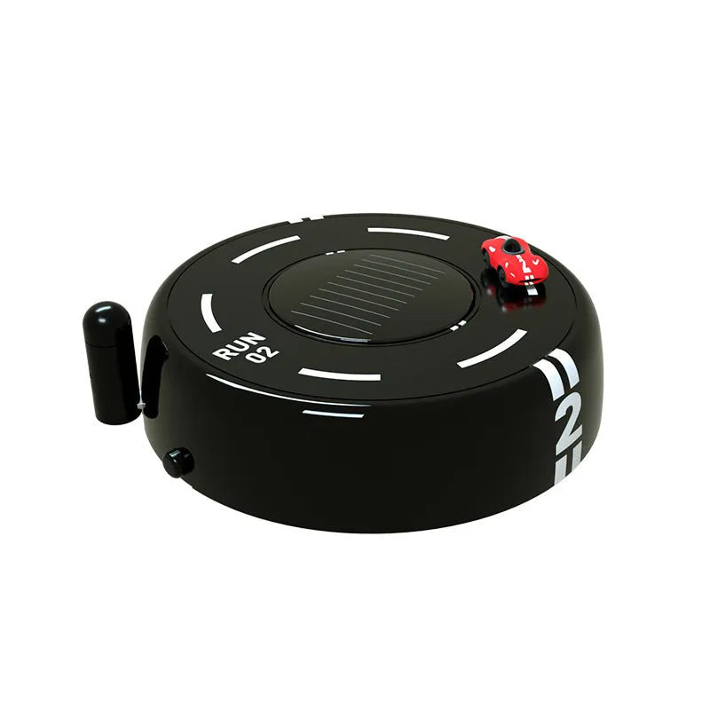 Round modern car model air freshener decoration in black, with solar panel and USB port.