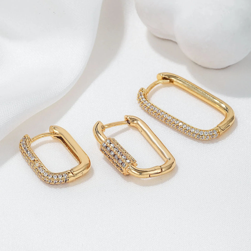 Geometric copper ear clip three-piece set with micro inlaid zircon detailing in gold and white colours