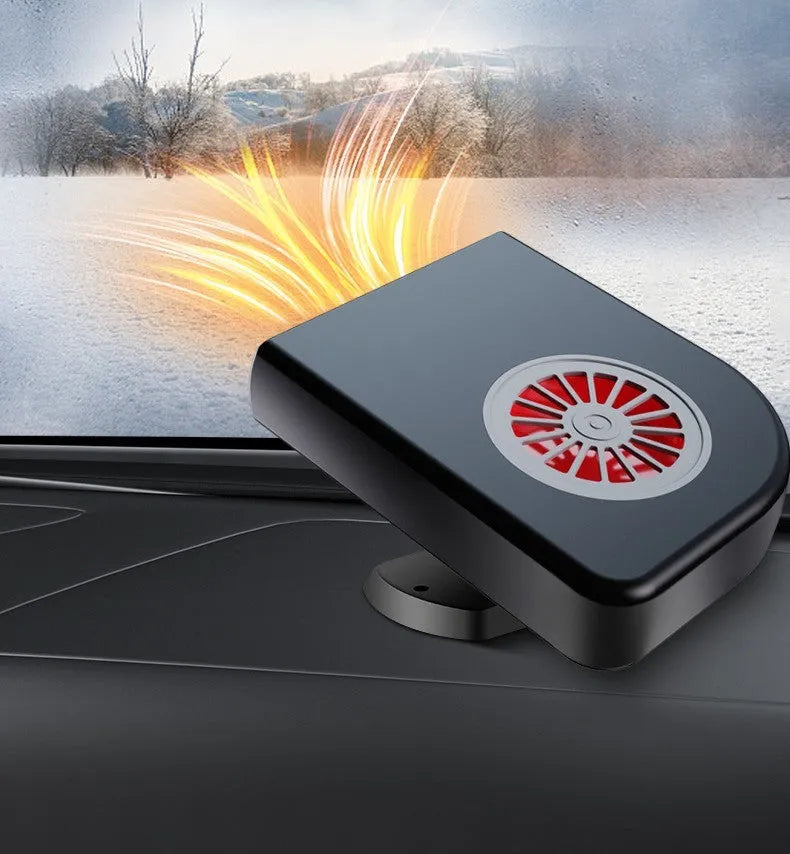 Black vehicle-mounted heater with adjustable vents for car defrosting and defogging, shown with double-sided adhesive.