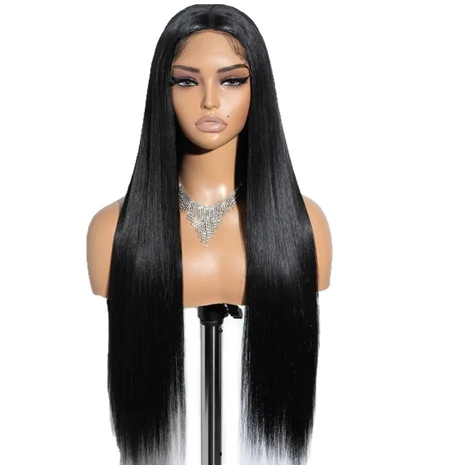 Glueless human hair straight wig with optional side bangs shown in natural style
