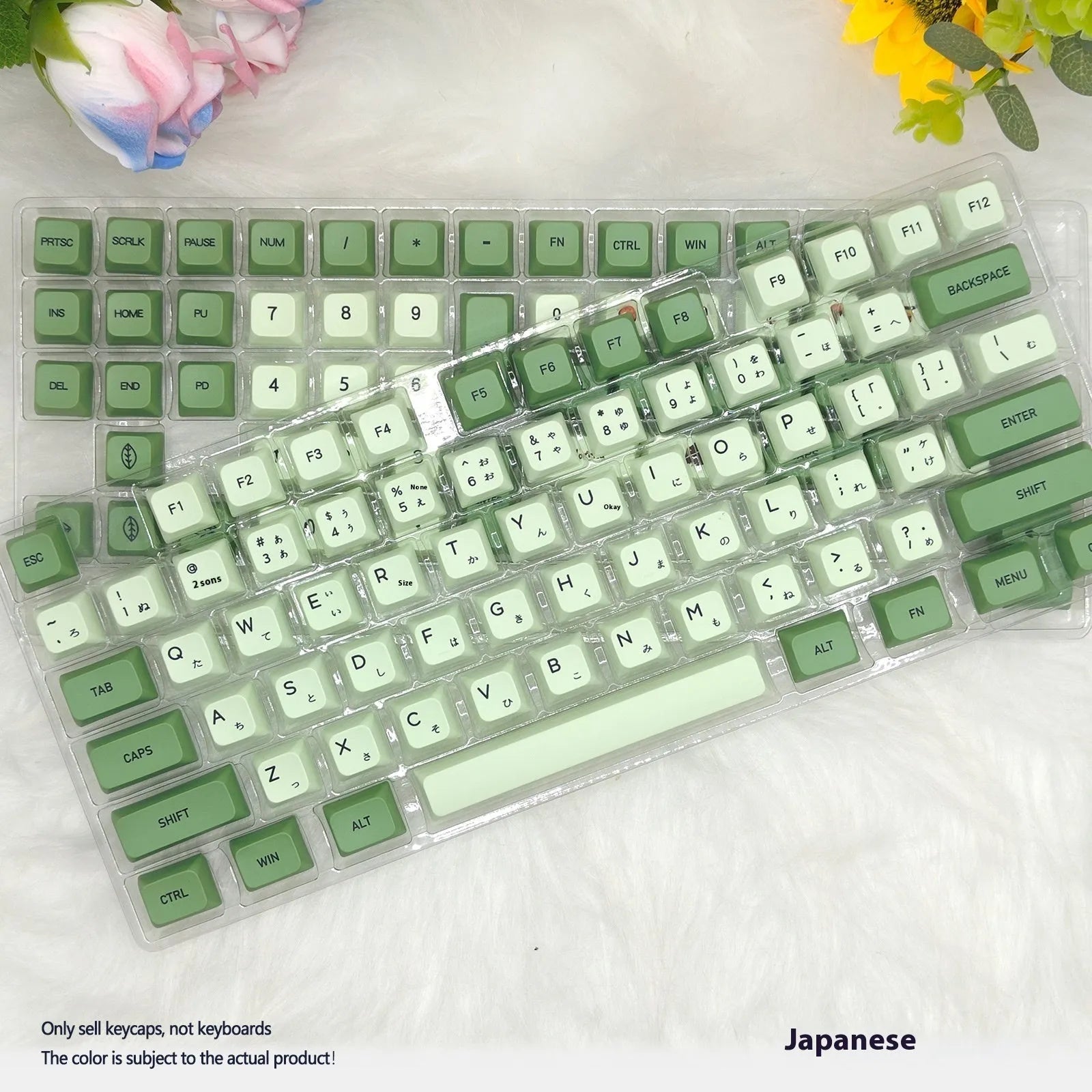 Full set of 124 matcha green PBT keycaps for a mechanical keyboard, showing various international layout options.