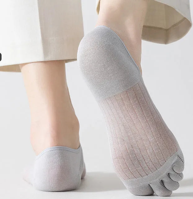Ultra-thin modal cotton five-finger boat socks in black, shown flat