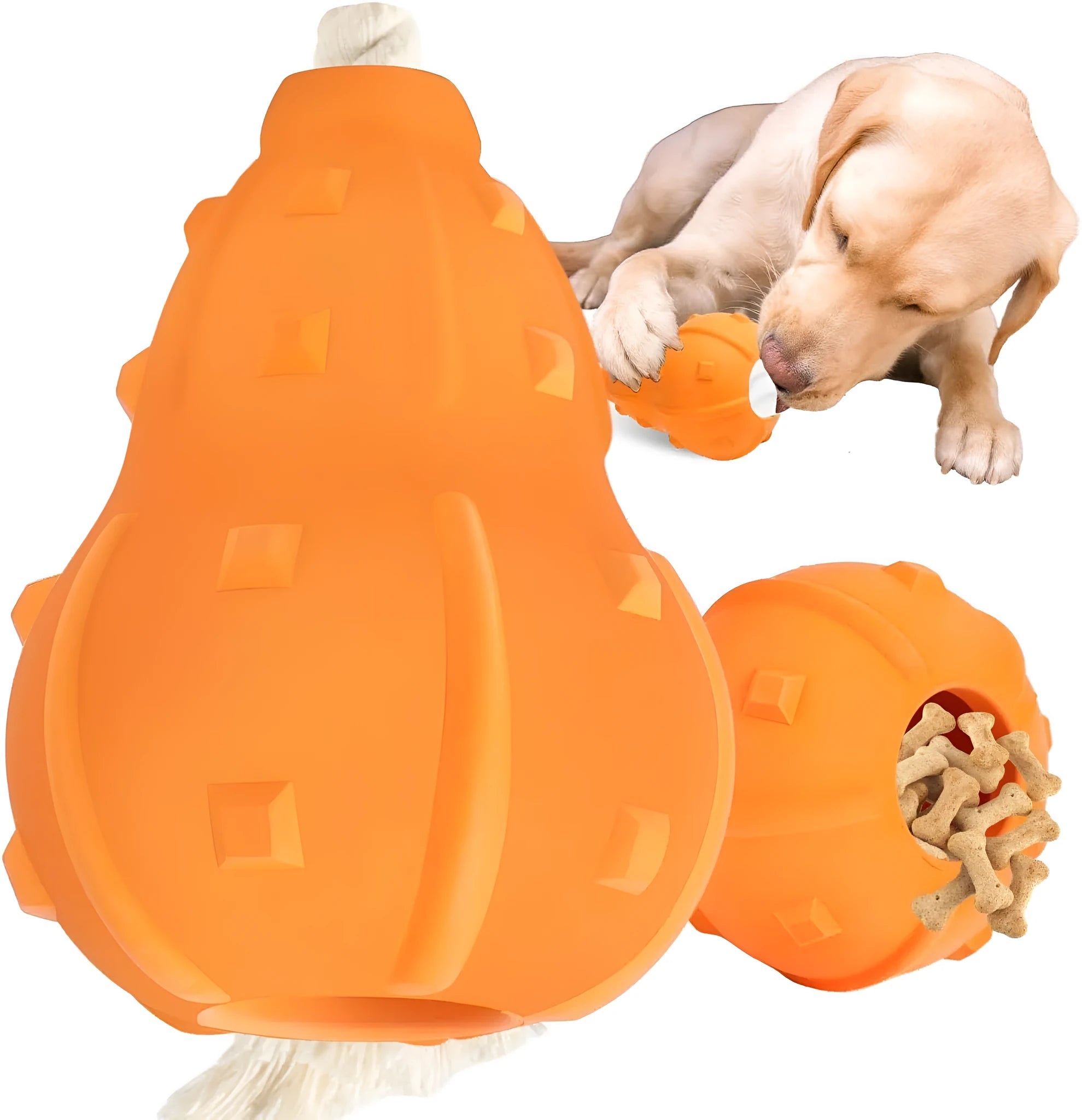 30cm long natural rubber dog toy with hollow treat-dispensing interior and longer tugging strap