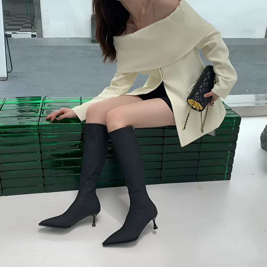 Black women's pointed toe below knee boots with a stiletto heel and a back zip fastener.