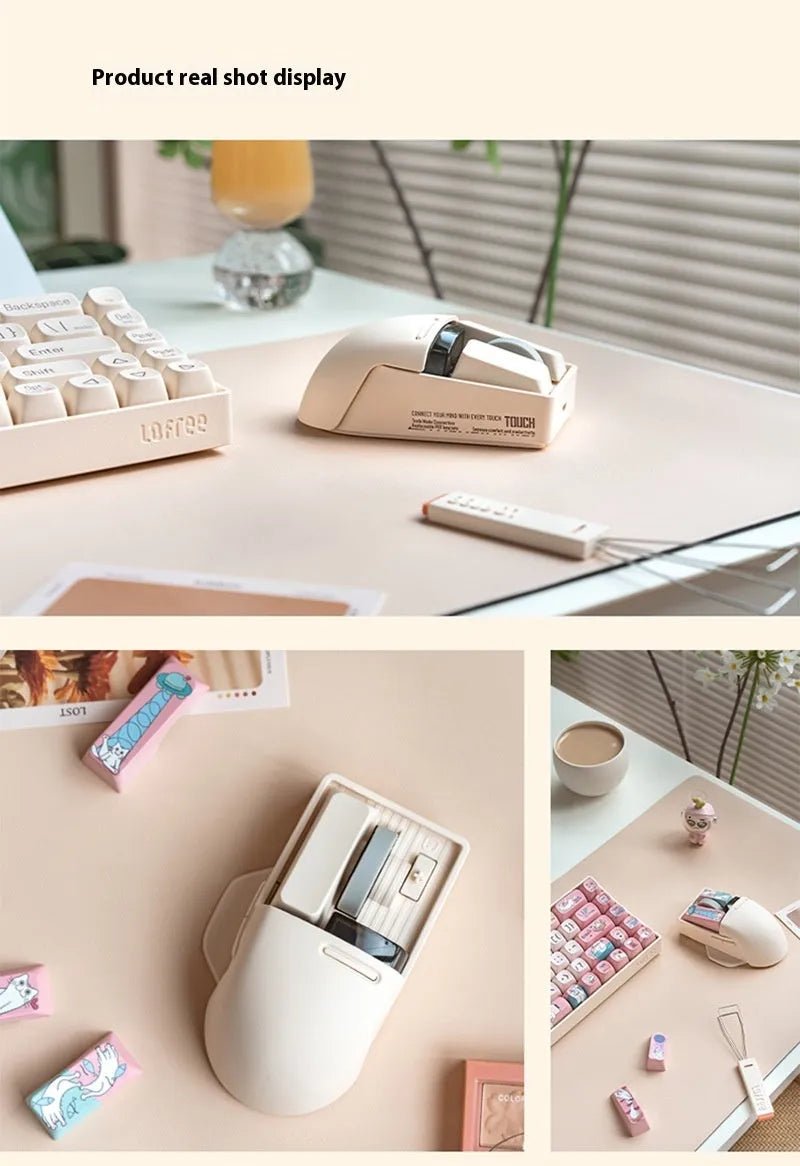 Tofu coloured wireless computer mouse with programmable buttons and scroll wheel on plain background