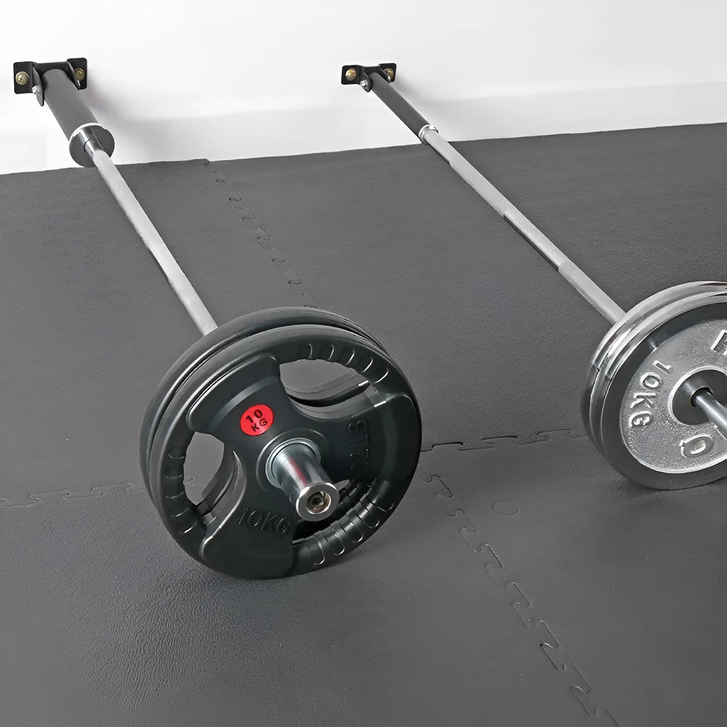 Wall-mounted steel barbell gun barrel rack with 25 tubes for sports equipment storage.