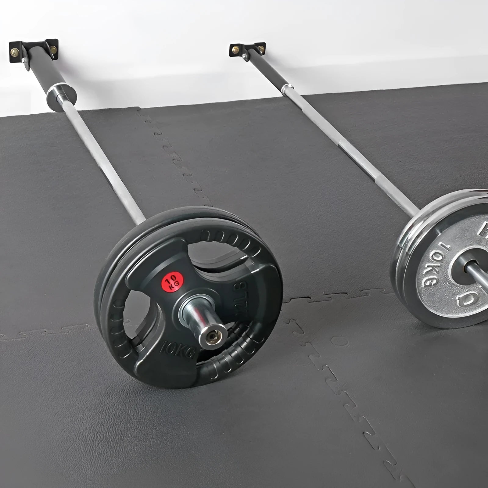Wall-mounted steel barbell gun barrel rack with 25 tubes for sports equipment storage.