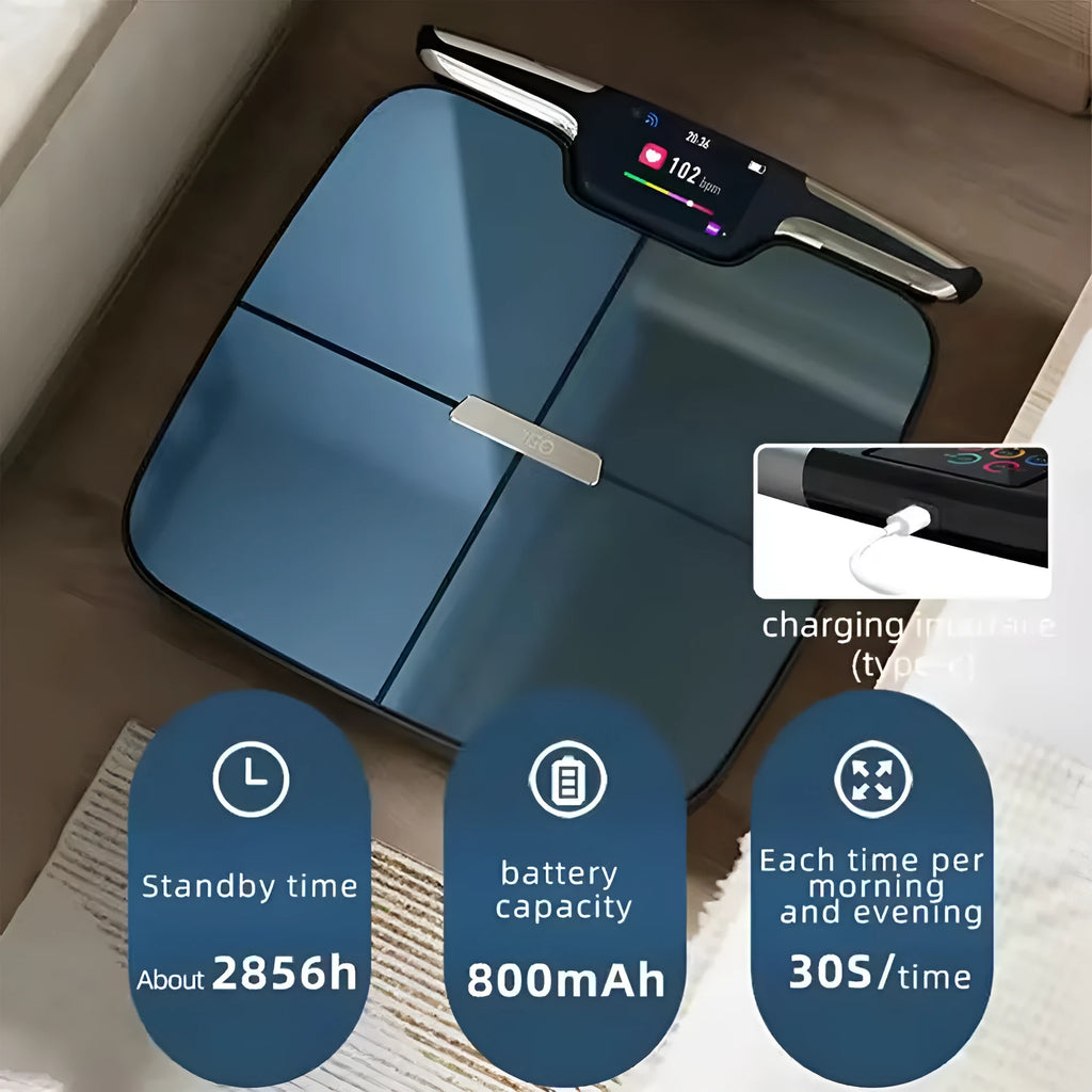 Black eight-electrode intelligent body fat scale on a floor