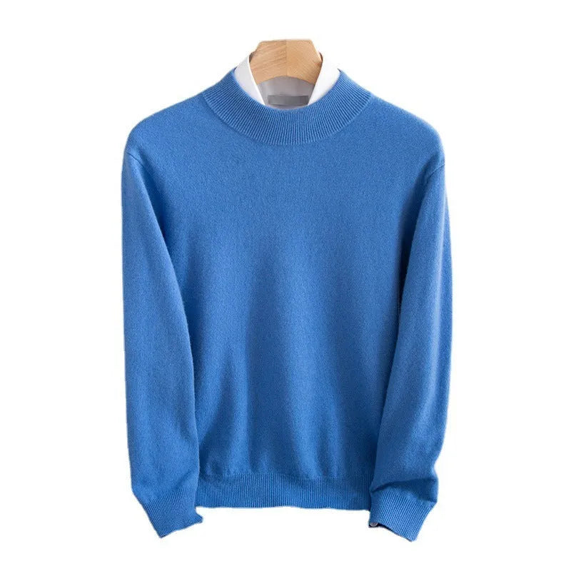 Man wearing a loose-fit half-collar wool sweater in a light business style for winter.