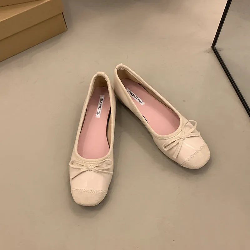 Women's retro ballet flat shoes with square toe and bow detail in wine red colour