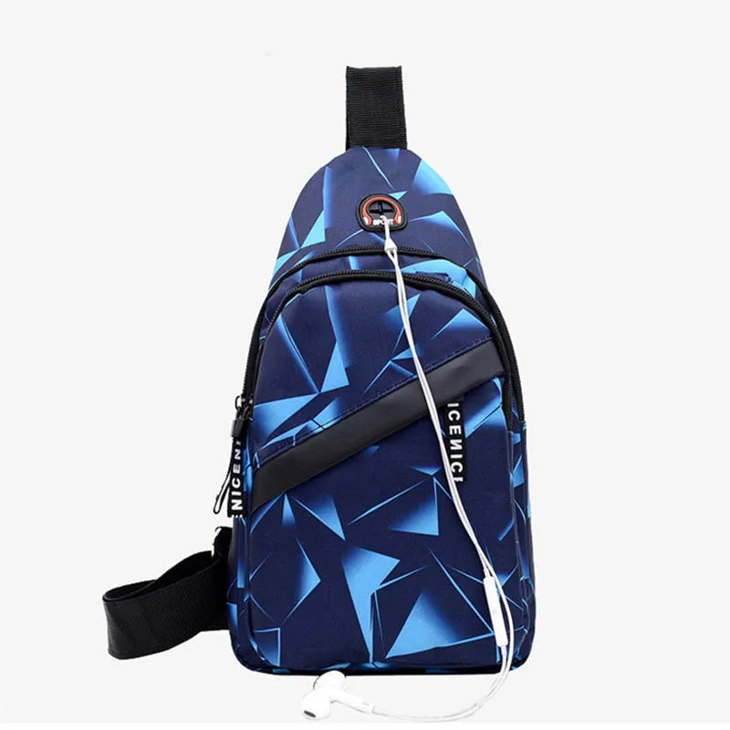 Men's crossbody messenger bag with earphone hole in Oxford cloth, showing zipper opening and shoulder strap