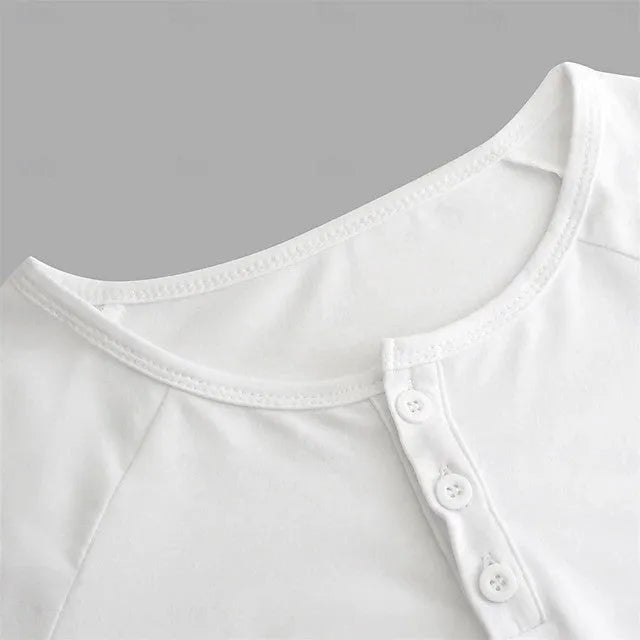 Men's white long-sleeved T-shirt with Henry collar detail on hanger