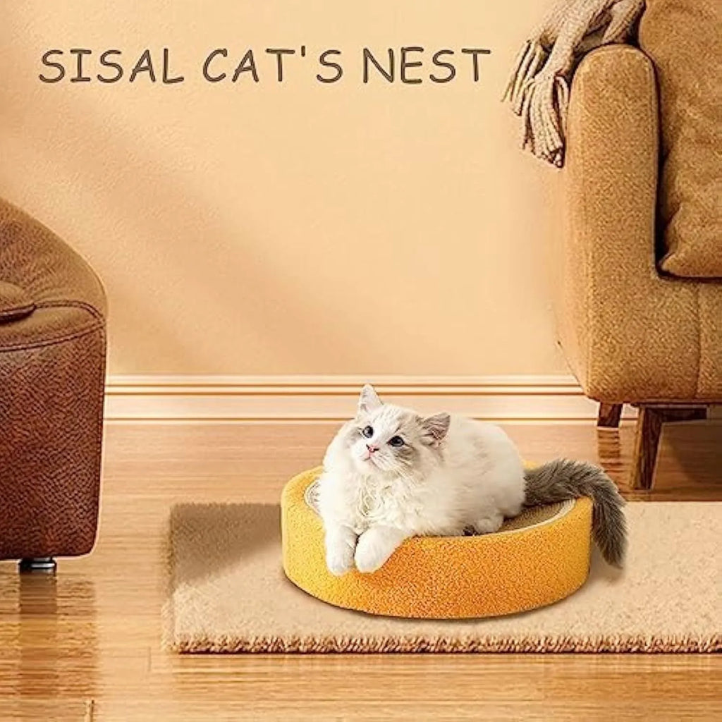 Yellow round sisal cat scratching board and bed combo for small breed cats.