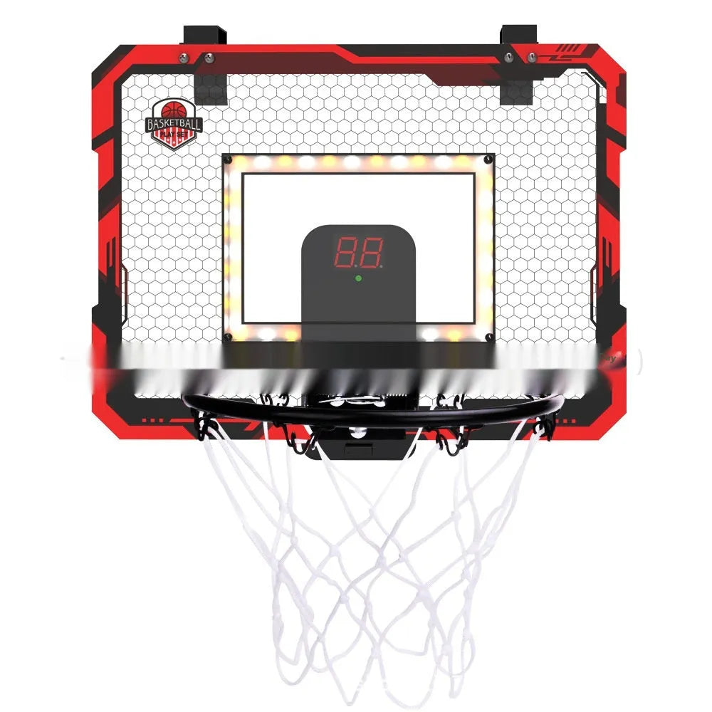 Red foldable basketball frame with suction cup base mounted on door