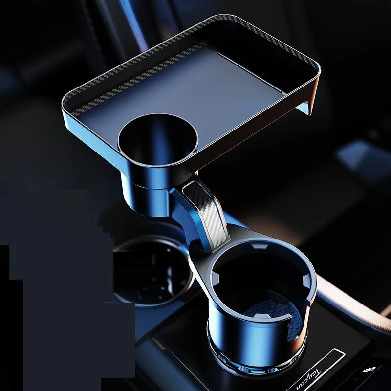 Black ABS plastic car-mounted rotating dinner tray holder showing 360-degree adjustment mechanism