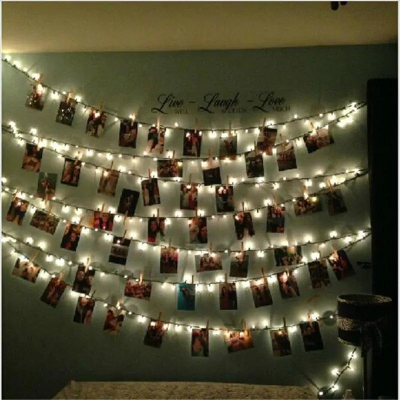 LED photo holder string lights with wooden clips and warm light, showing photos clipped to the string, 160 cm length