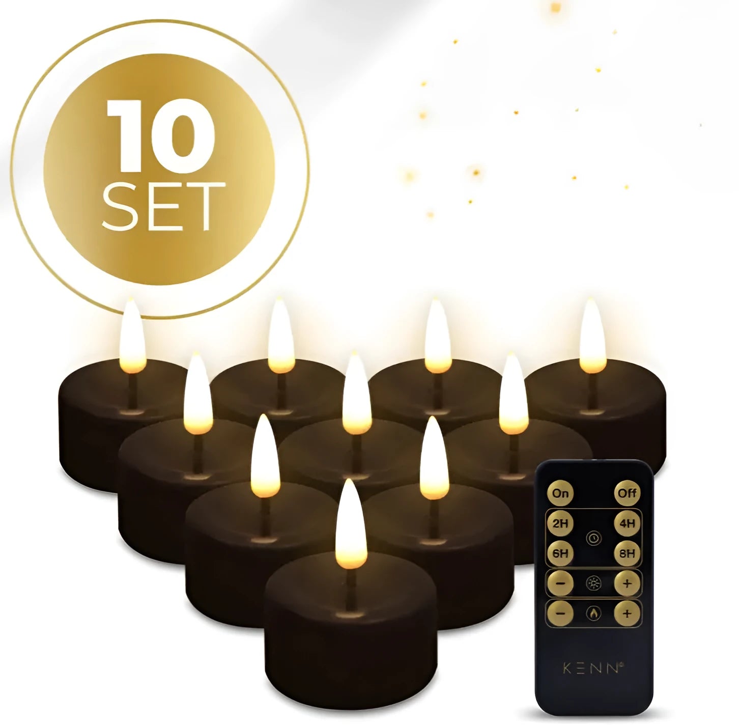 Four black S10 LED tealight candles showing flickering flame effect