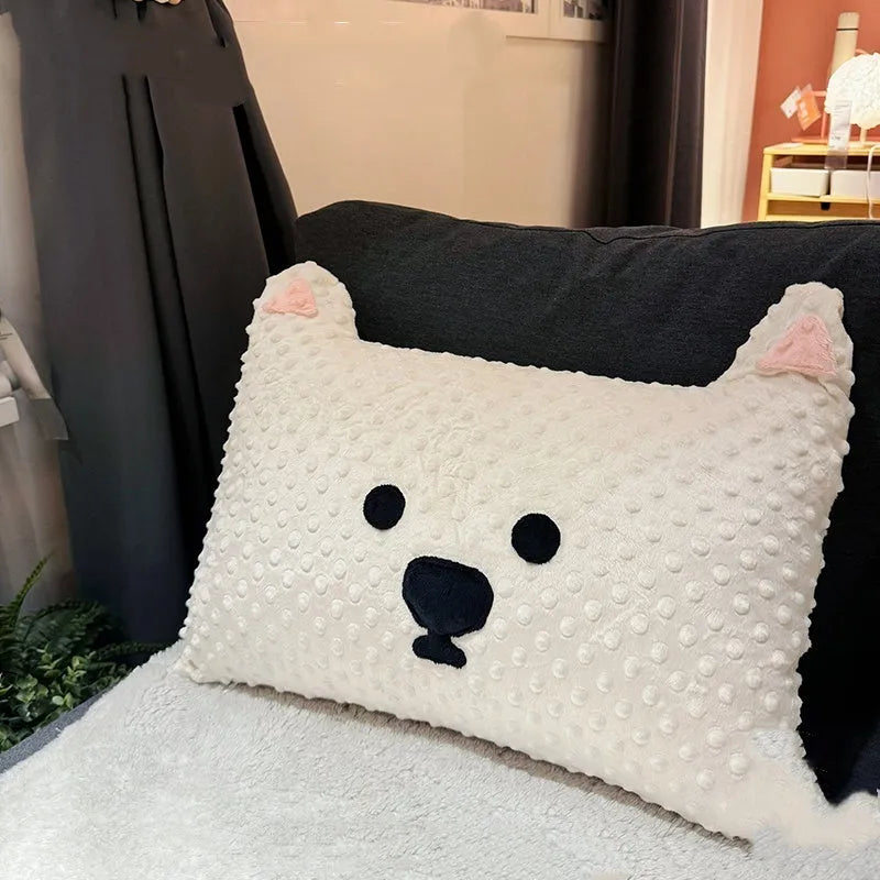 Grey West Highland puppy design soft dog pillow on a sofa