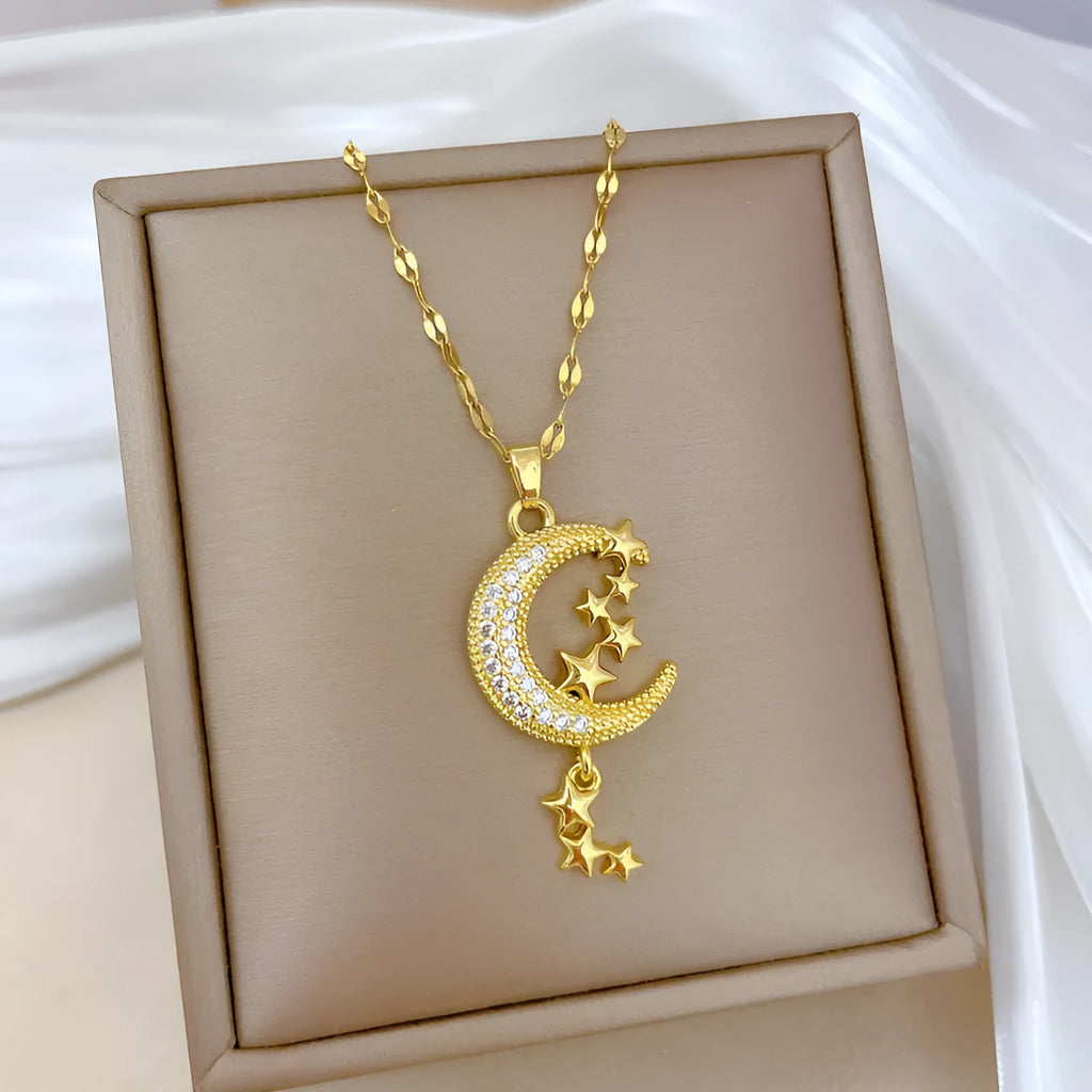 Moon pendant necklace with geometric stainless steel chain and copper pendant
