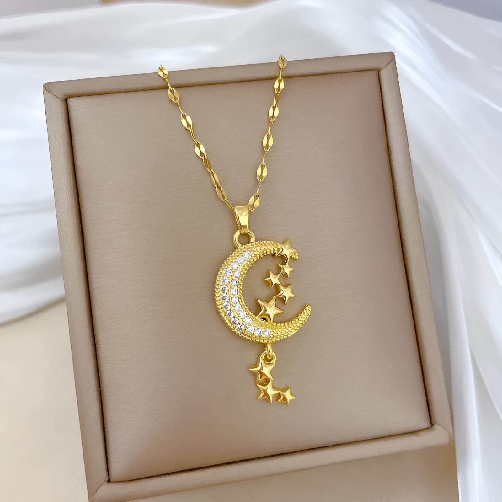 Moon pendant necklace with geometric stainless steel chain and copper pendant