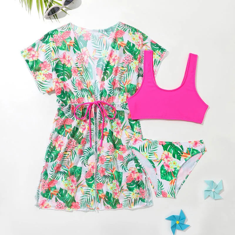 Girls' floral print two-piece swimsuit set with matching briefs for swimming