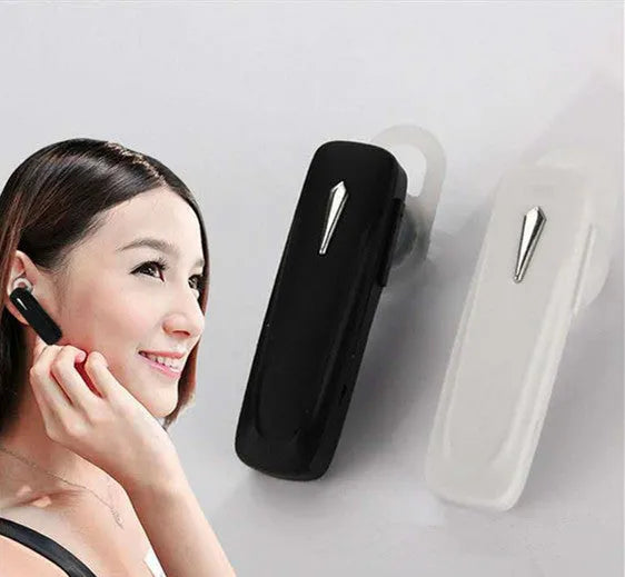M163 black and white Bluetooth car headset for hands-free calls and music control.