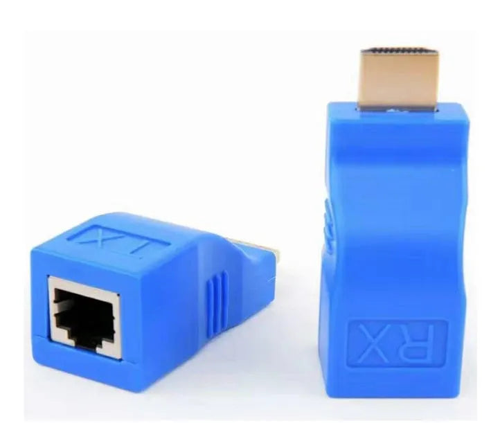 HDMI extender transmitter and receiver pair for signal extension over CAT-5e/6 cable up to 30 metres.