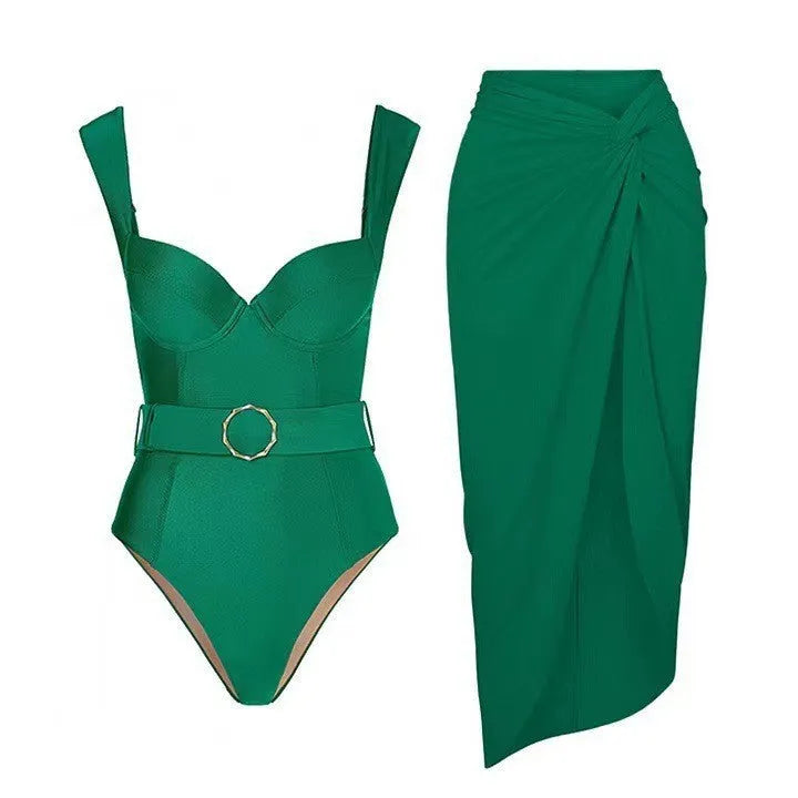 Women's one-piece swimsuit with gauze skirt in polyester fabric for swimming